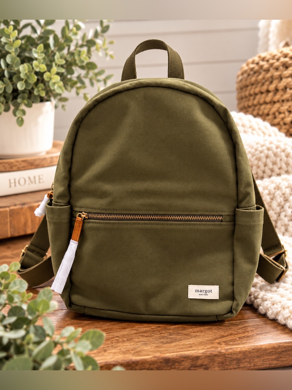 margot Olive Green Canvas Mini Backpack with Leather Accents